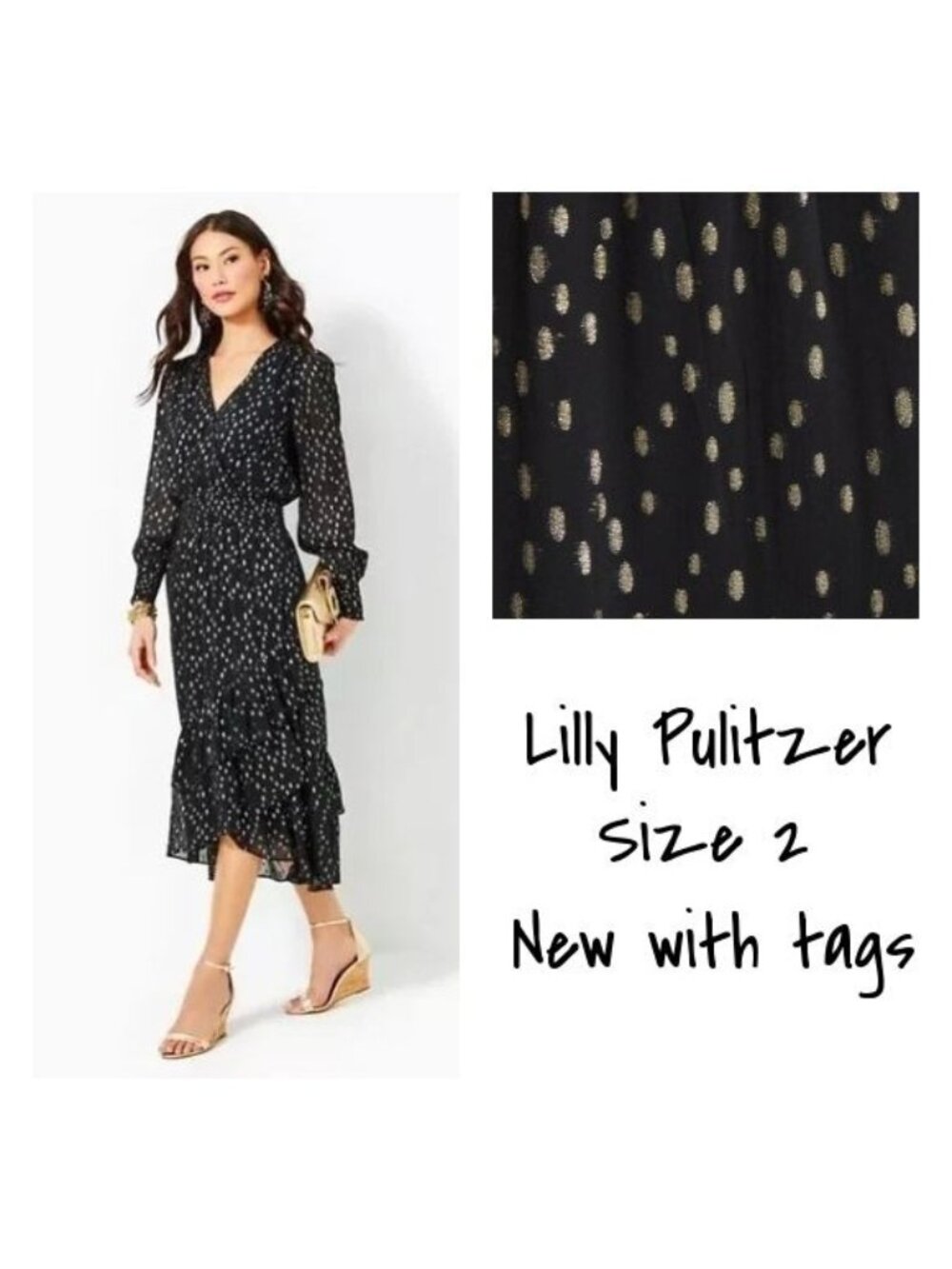 Lilly Pulitzer Cristiana Black Gold Dot Midi Dress Size 2 New With tag